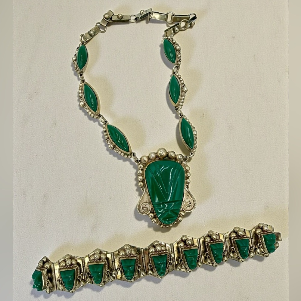Vintage Mexico Sterling Green Onyx Aztec Mask Necklace Bracelet Set 17” & 7” - Picture 11 of 17